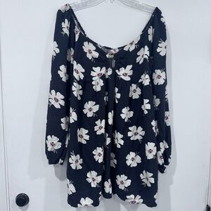 American Eagle AE Black Floral Puffy Cuff V-Neck Mini Boho Dress Size XL